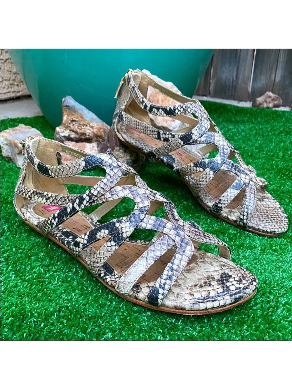 Elaine Turner Snake-Print Strappy Sandals - Beige, Black